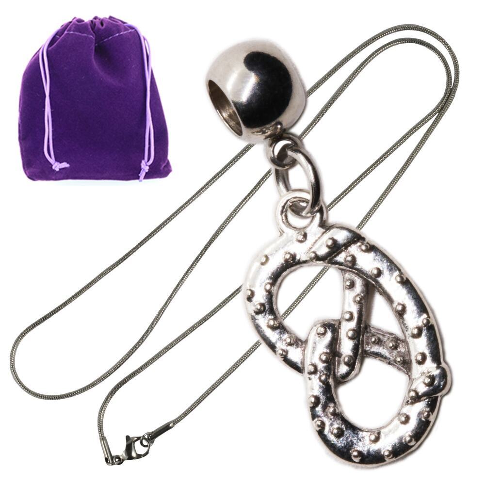 Silver Colored Pretzel Pendant Necklace with Gift Pouch, Playful Food Charms